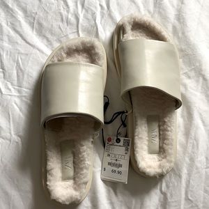 Leather fur lined slide